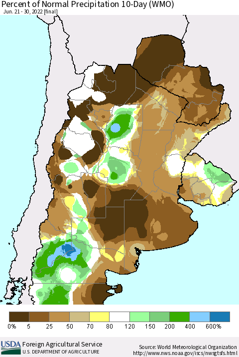 Southern South America Percent of Normal Precipitation 10-Day (WMO) Thematic Map For 6/21/2022 - 6/30/2022