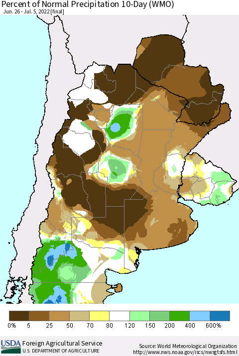Southern South America Percent of Normal Precipitation 10-Day (WMO) Thematic Map For 6/26/2022 - 7/5/2022