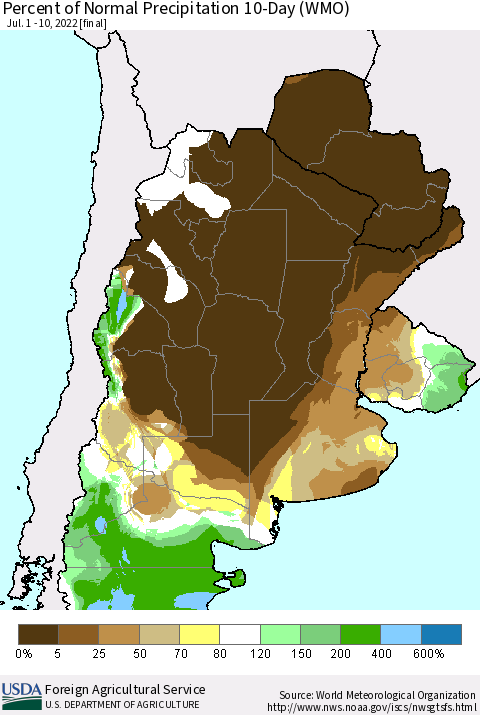 Southern South America Percent of Normal Precipitation 10-Day (WMO) Thematic Map For 7/1/2022 - 7/10/2022