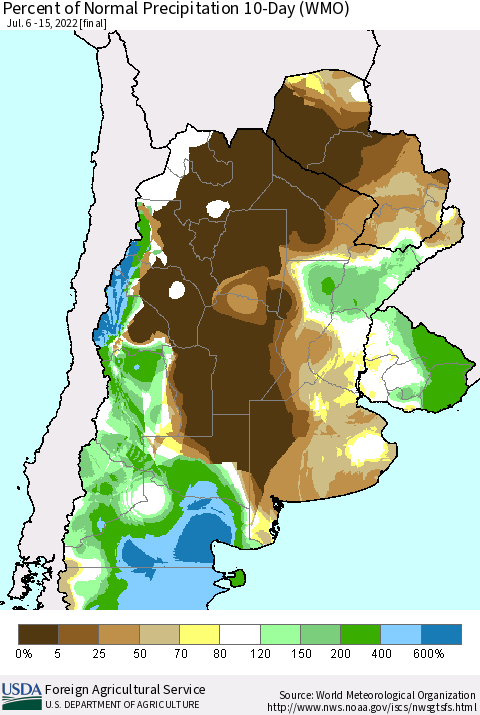 Southern South America Percent of Normal Precipitation 10-Day (WMO) Thematic Map For 7/6/2022 - 7/15/2022