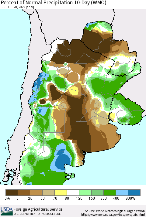 Southern South America Percent of Normal Precipitation 10-Day (WMO) Thematic Map For 7/11/2022 - 7/20/2022
