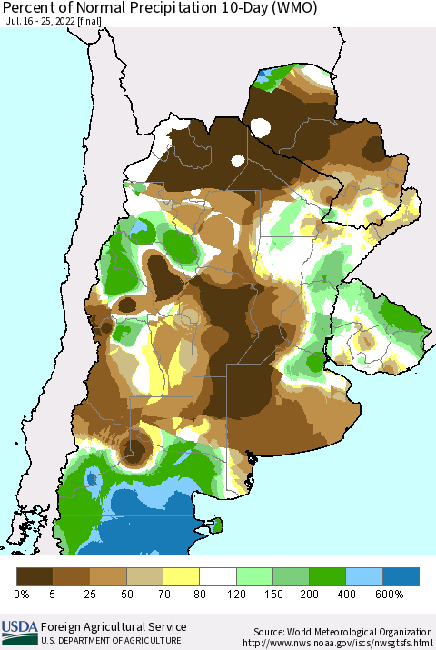 Southern South America Percent of Normal Precipitation 10-Day (WMO) Thematic Map For 7/16/2022 - 7/25/2022