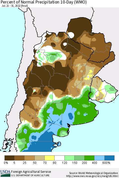 Southern South America Percent of Normal Precipitation 10-Day (WMO) Thematic Map For 7/21/2022 - 7/31/2022