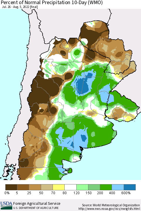 Southern South America Percent of Normal Precipitation 10-Day (WMO) Thematic Map For 7/26/2022 - 8/5/2022