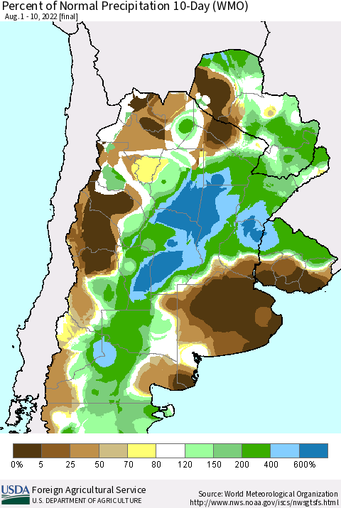 Southern South America Percent of Normal Precipitation 10-Day (WMO) Thematic Map For 8/1/2022 - 8/10/2022