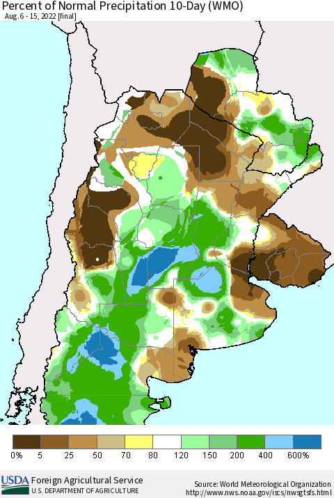Southern South America Percent of Normal Precipitation 10-Day (WMO) Thematic Map For 8/6/2022 - 8/15/2022