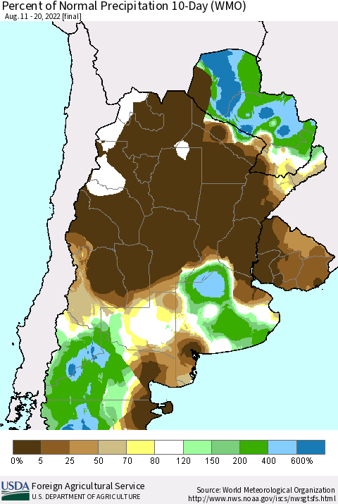 Southern South America Percent of Normal Precipitation 10-Day (WMO) Thematic Map For 8/11/2022 - 8/20/2022