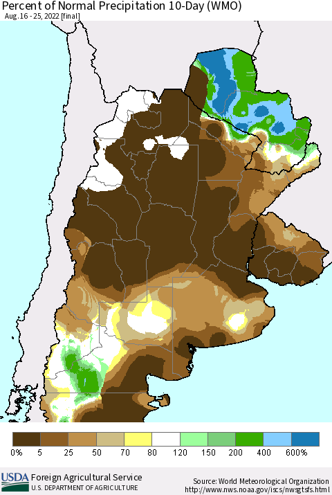 Southern South America Percent of Normal Precipitation 10-Day (WMO) Thematic Map For 8/16/2022 - 8/25/2022