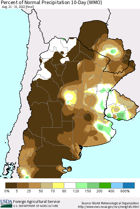 Southern South America Percent of Normal Precipitation 10-Day (WMO) Thematic Map For 8/21/2022 - 8/31/2022