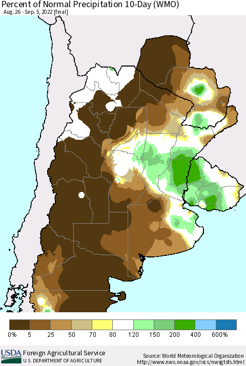 Southern South America Percent of Normal Precipitation 10-Day (WMO) Thematic Map For 8/26/2022 - 9/5/2022