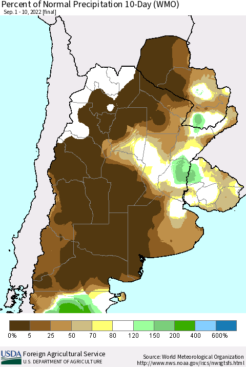 Southern South America Percent of Normal Precipitation 10-Day (WMO) Thematic Map For 9/1/2022 - 9/10/2022