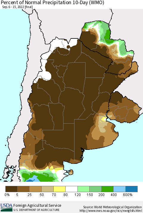 Southern South America Percent of Normal Precipitation 10-Day (WMO) Thematic Map For 9/6/2022 - 9/15/2022