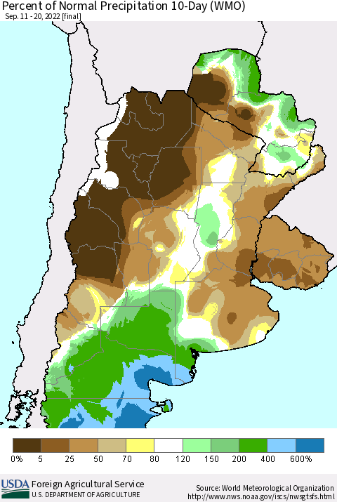 Southern South America Percent of Normal Precipitation 10-Day (WMO) Thematic Map For 9/11/2022 - 9/20/2022