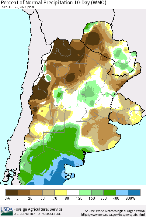 Southern South America Percent of Normal Precipitation 10-Day (WMO) Thematic Map For 9/16/2022 - 9/25/2022