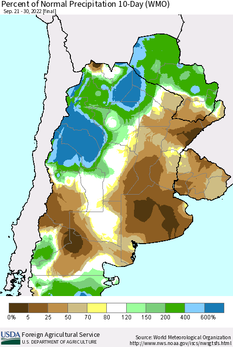 Southern South America Percent of Normal Precipitation 10-Day (WMO) Thematic Map For 9/21/2022 - 9/30/2022