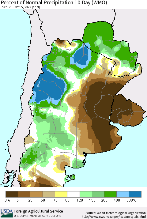 Southern South America Percent of Normal Precipitation 10-Day (WMO) Thematic Map For 9/26/2022 - 10/5/2022