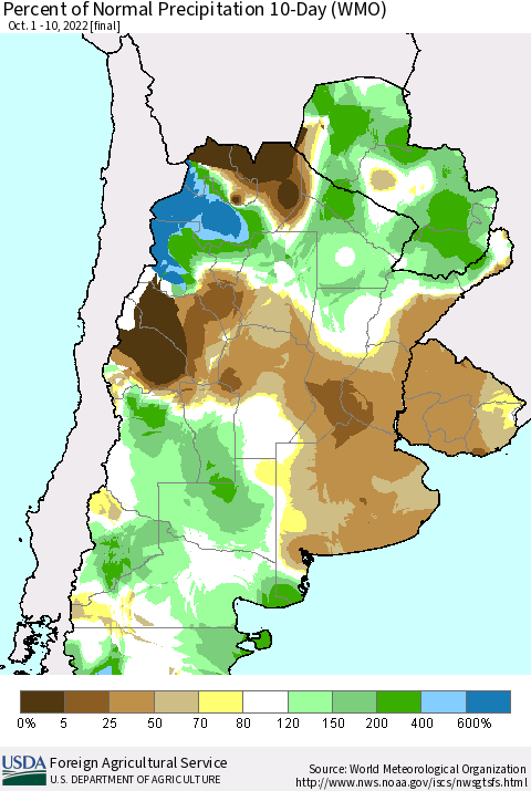 Southern South America Percent of Normal Precipitation 10-Day (WMO) Thematic Map For 10/1/2022 - 10/10/2022