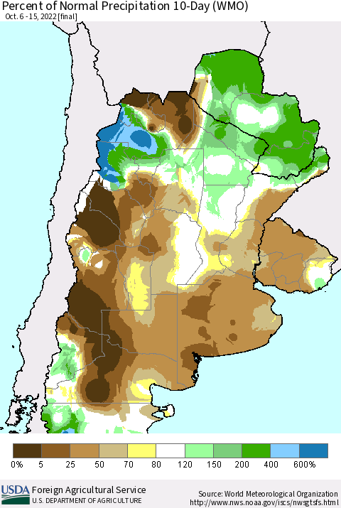 Southern South America Percent of Normal Precipitation 10-Day (WMO) Thematic Map For 10/6/2022 - 10/15/2022