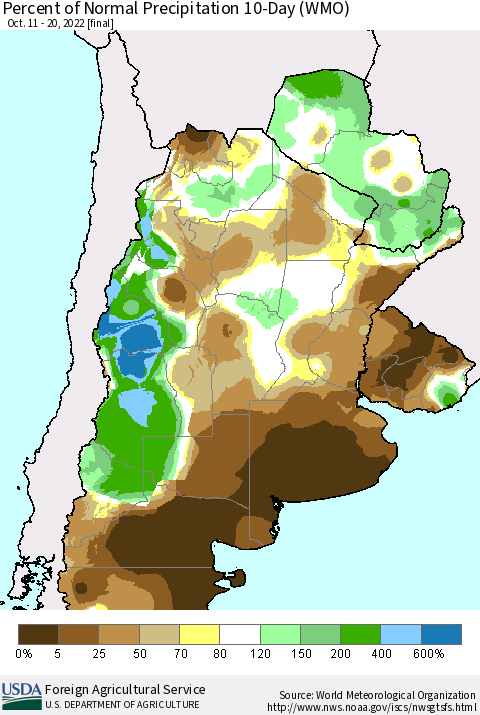 Southern South America Percent of Normal Precipitation 10-Day (WMO) Thematic Map For 10/11/2022 - 10/20/2022