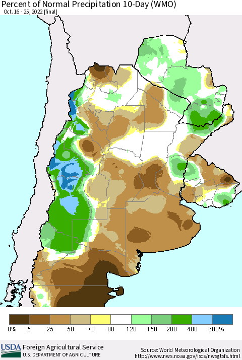 Southern South America Percent of Normal Precipitation 10-Day (WMO) Thematic Map For 10/16/2022 - 10/25/2022