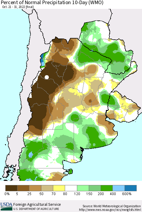 Southern South America Percent of Normal Precipitation 10-Day (WMO) Thematic Map For 10/21/2022 - 10/31/2022