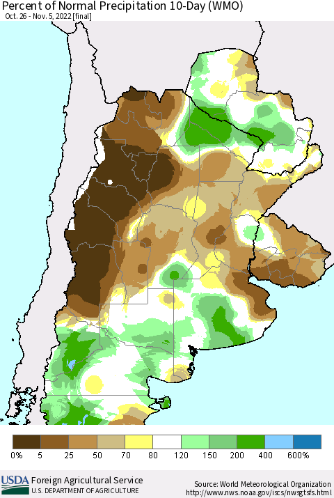 Southern South America Percent of Normal Precipitation 10-Day (WMO) Thematic Map For 10/26/2022 - 11/5/2022