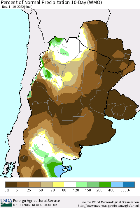 Southern South America Percent of Normal Precipitation 10-Day (WMO) Thematic Map For 11/1/2022 - 11/10/2022