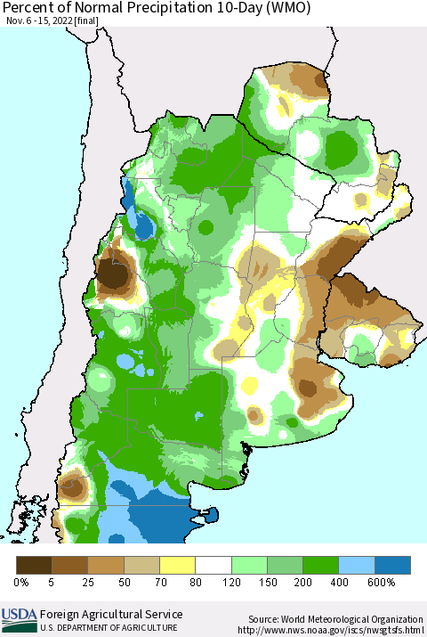 Southern South America Percent of Normal Precipitation 10-Day (WMO) Thematic Map For 11/6/2022 - 11/15/2022