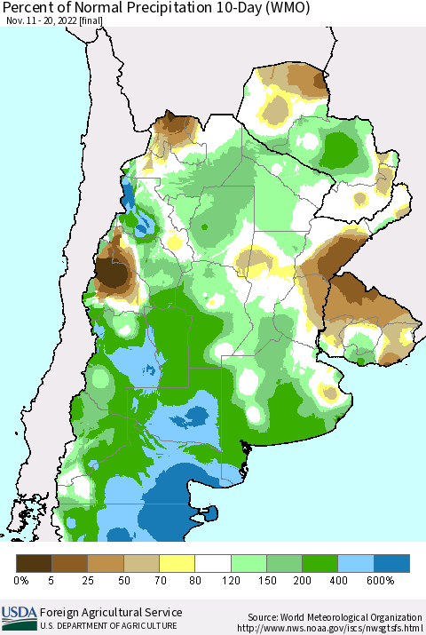 Southern South America Percent of Normal Precipitation 10-Day (WMO) Thematic Map For 11/11/2022 - 11/20/2022