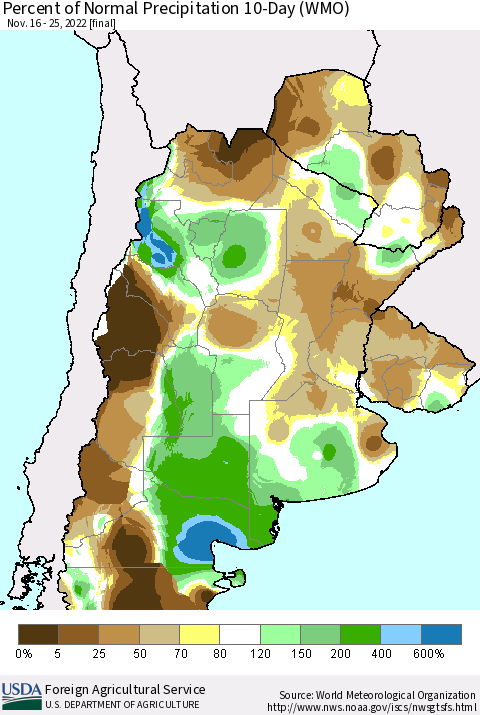 Southern South America Percent of Normal Precipitation 10-Day (WMO) Thematic Map For 11/16/2022 - 11/25/2022