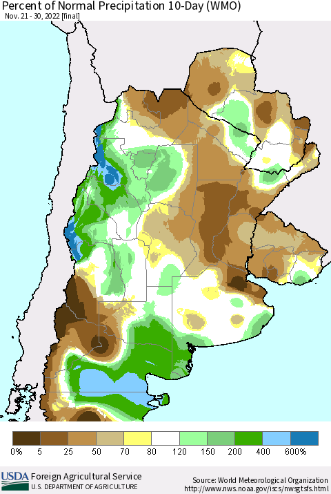 Southern South America Percent of Normal Precipitation 10-Day (WMO) Thematic Map For 11/21/2022 - 11/30/2022