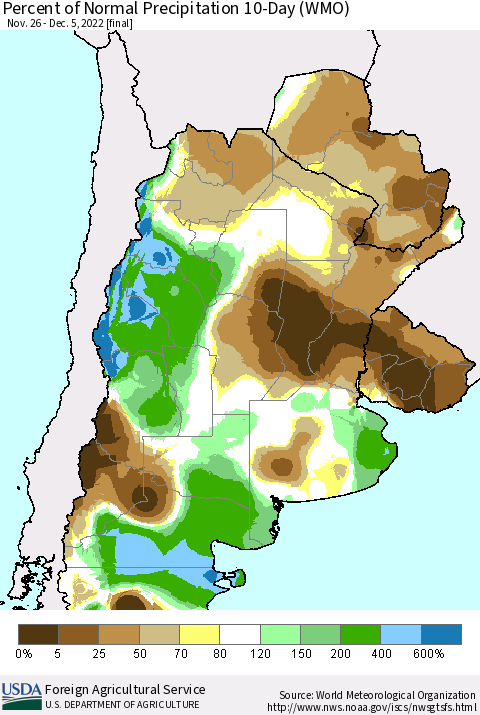 Southern South America Percent of Normal Precipitation 10-Day (WMO) Thematic Map For 11/26/2022 - 12/5/2022