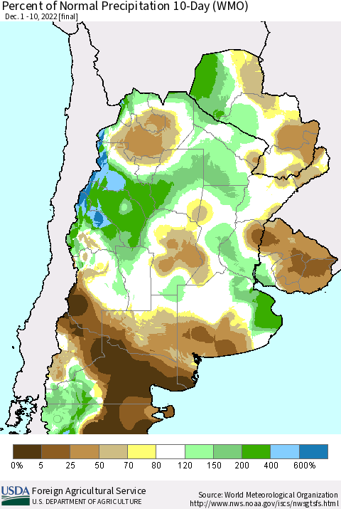 Southern South America Percent of Normal Precipitation 10-Day (WMO) Thematic Map For 12/1/2022 - 12/10/2022