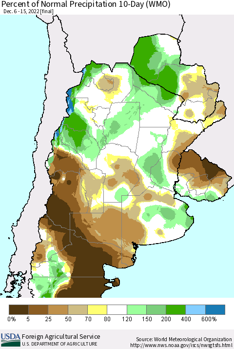 Southern South America Percent of Normal Precipitation 10-Day (WMO) Thematic Map For 12/6/2022 - 12/15/2022