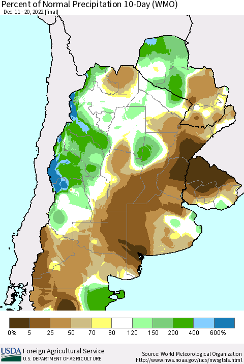Southern South America Percent of Normal Precipitation 10-Day (WMO) Thematic Map For 12/11/2022 - 12/20/2022