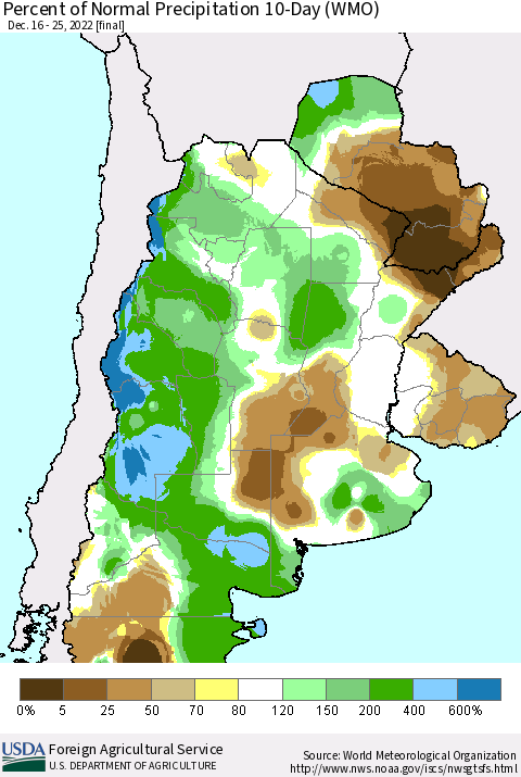 Southern South America Percent of Normal Precipitation 10-Day (WMO) Thematic Map For 12/16/2022 - 12/25/2022