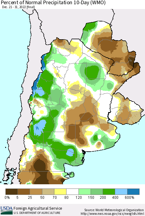 Southern South America Percent of Normal Precipitation 10-Day (WMO) Thematic Map For 12/21/2022 - 12/31/2022