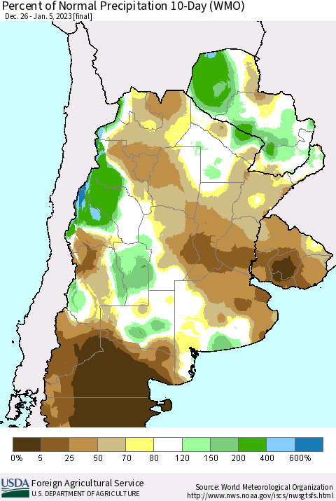 Southern South America Percent of Normal Precipitation 10-Day (WMO) Thematic Map For 12/26/2022 - 1/5/2023