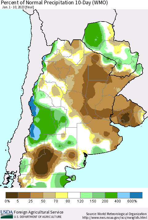 Southern South America Percent of Normal Precipitation 10-Day (WMO) Thematic Map For 1/1/2023 - 1/10/2023