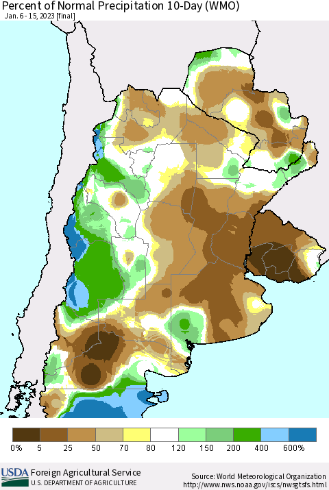 Southern South America Percent of Normal Precipitation 10-Day (WMO) Thematic Map For 1/6/2023 - 1/15/2023