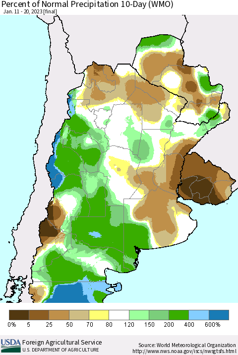Southern South America Percent of Normal Precipitation 10-Day (WMO) Thematic Map For 1/11/2023 - 1/20/2023