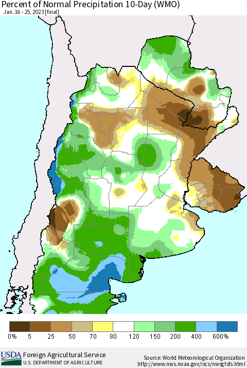 Southern South America Percent of Normal Precipitation 10-Day (WMO) Thematic Map For 1/16/2023 - 1/25/2023