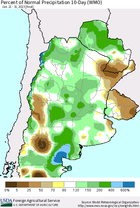 Southern South America Percent of Normal Precipitation 10-Day (WMO) Thematic Map For 1/21/2023 - 1/31/2023