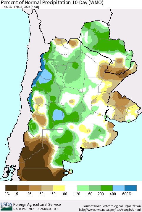 Southern South America Percent of Normal Precipitation 10-Day (WMO) Thematic Map For 1/26/2023 - 2/5/2023