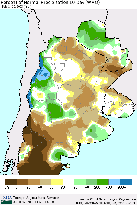 Southern South America Percent of Normal Precipitation 10-Day (WMO) Thematic Map For 2/1/2023 - 2/10/2023