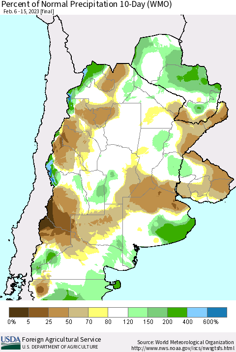 Southern South America Percent of Normal Precipitation 10-Day (WMO) Thematic Map For 2/6/2023 - 2/15/2023