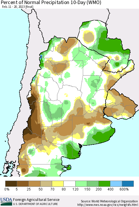 Southern South America Percent of Normal Precipitation 10-Day (WMO) Thematic Map For 2/11/2023 - 2/20/2023