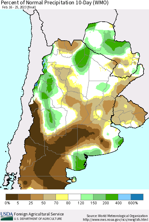 Southern South America Percent of Normal Precipitation 10-Day (WMO) Thematic Map For 2/16/2023 - 2/25/2023
