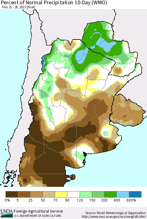 Southern South America Percent of Normal Precipitation 10-Day (WMO) Thematic Map For 2/21/2023 - 2/28/2023