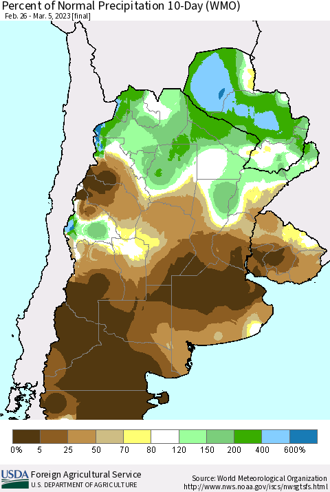 Southern South America Percent of Normal Precipitation 10-Day (WMO) Thematic Map For 2/26/2023 - 3/5/2023